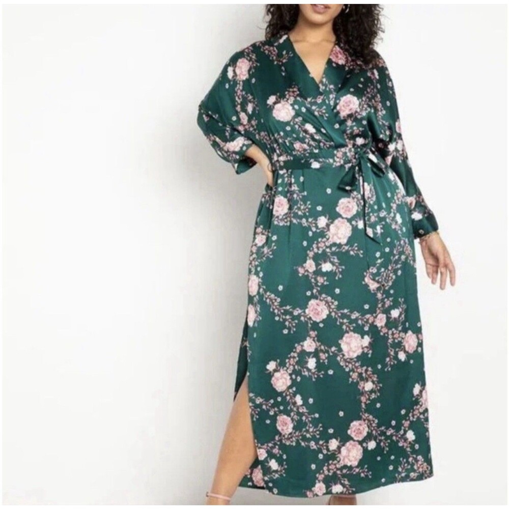 Eloquii Womens‎ Satin Faux Wrap Dress Green Pink Floral Blossoms Kimono-Inspired